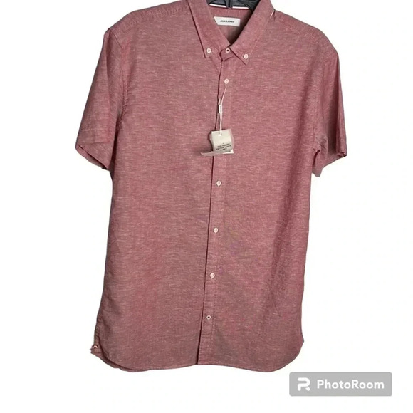 Jack & Jones NWT! men shirt XL ,red ,COTTON LINEN short sleeve,coastal,office - Picture 3 of 12